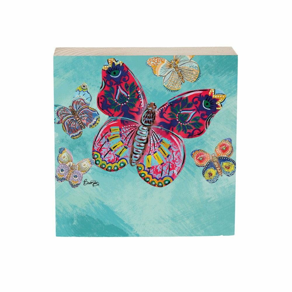 Plow & Hearth Seaside Retreat Sign Wood Block, Butterflies, Your Text Here, 6"x6"