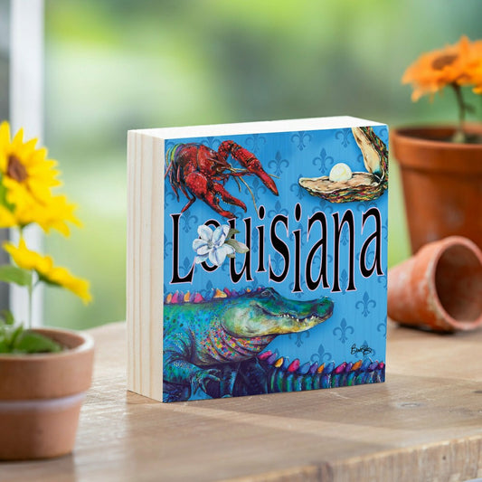 Plow & Hearth Seaside Retreat Sign Wood Block, Louisiana Alligator, 6"x6"