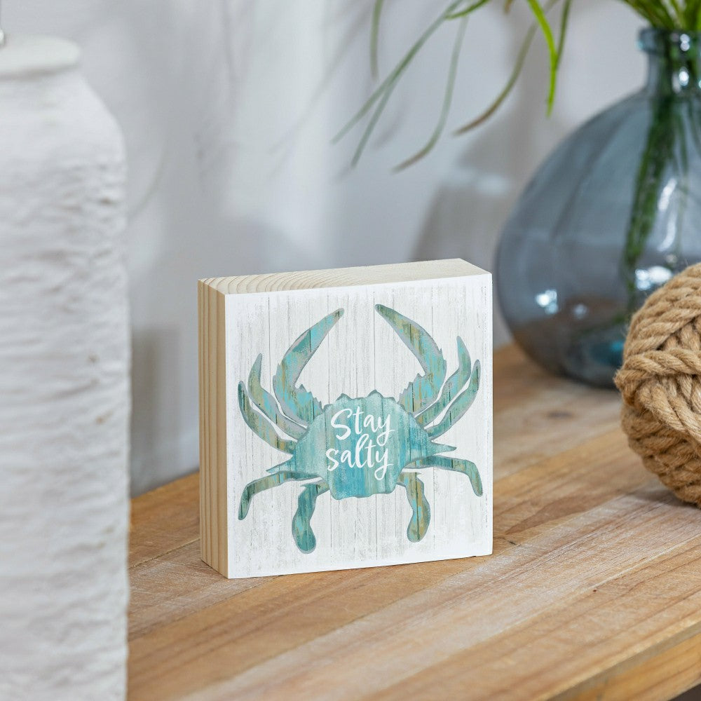 Plow & Hearth Coastal Salty Crab Sign Wood Block, 6"x6"