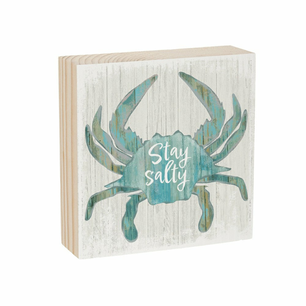 Plow & Hearth Coastal Salty Crab Sign Wood Block, 6"x6"