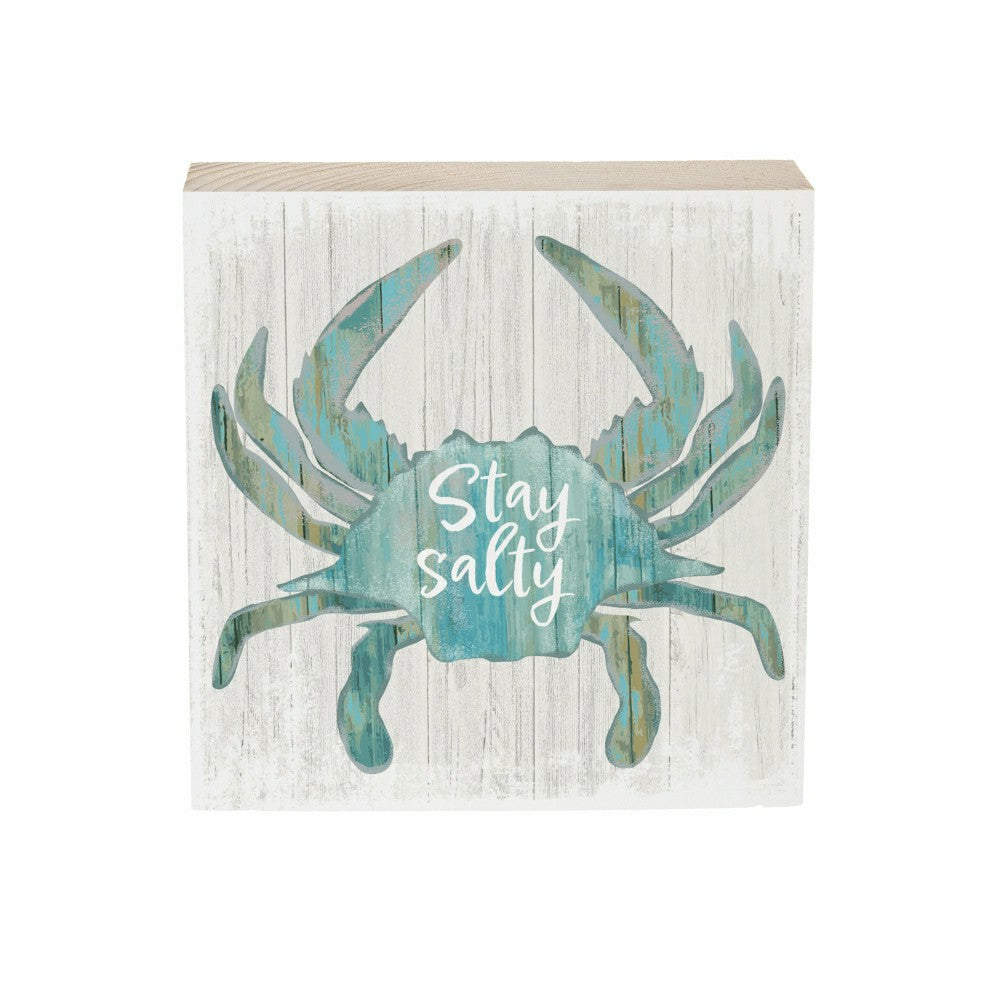 Plow & Hearth Coastal Salty Crab Sign Wood Block, 6"x6"