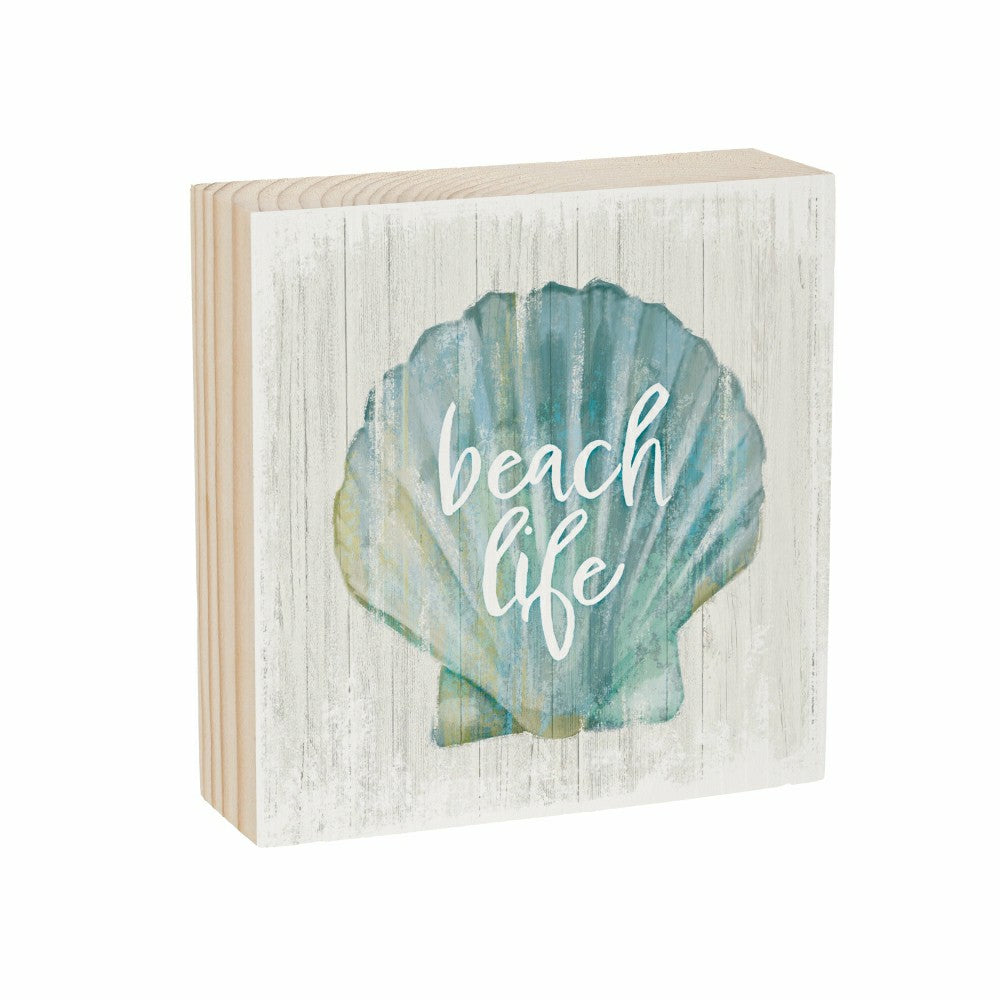 Plow & Hearth Coastal Beach Life Shell Sign Wood Block, 6"x6"