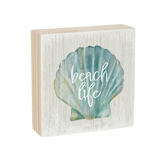 Plow & Hearth Coastal Beach Life Shell Sign Wood Block, 6"x6"