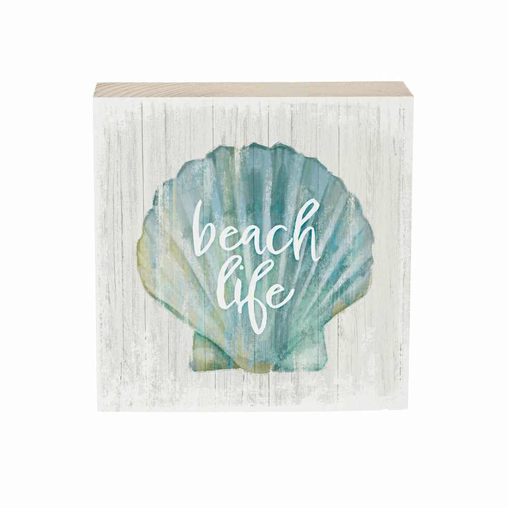 Plow & Hearth Coastal Beach Life Shell Sign Wood Block, 6"x6"