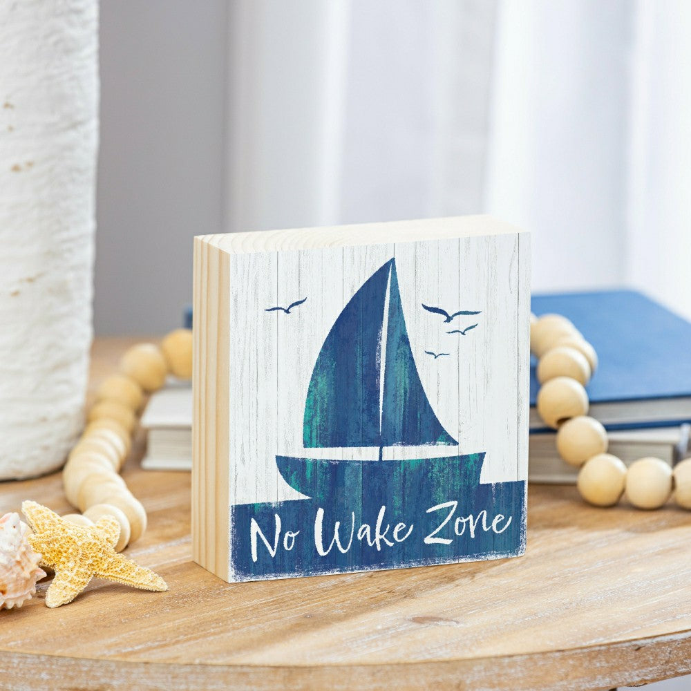 Plow & Hearth Coastal No Wake Sailboat Sign Wood Block, 6"x6"