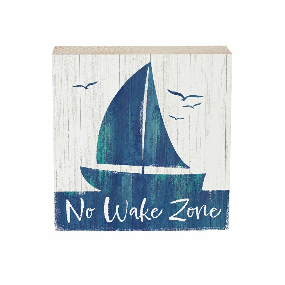 Plow & Hearth Coastal No Wake Sailboat Sign Wood Block, 6"x6"