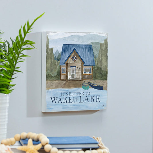 Plow & Hearth Lake Living Wooden Wall Art Wake at the Lake 12x12"
