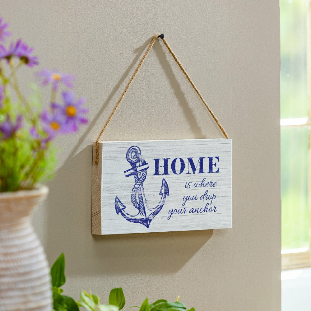 Plow & Hearth Coastal Wooden Sign Home Anchor 11x6"