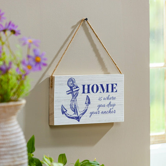 Plow & Hearth Coastal Wooden Sign Home Anchor 11x6"
