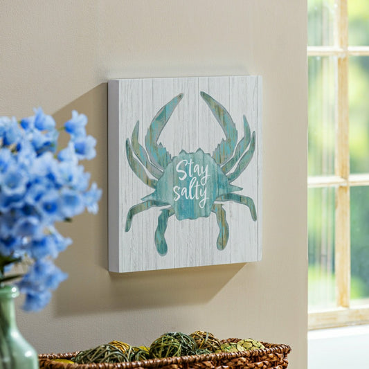 Plow & Hearth Coastal Wooden Wall Art Salty Crab 12x12"