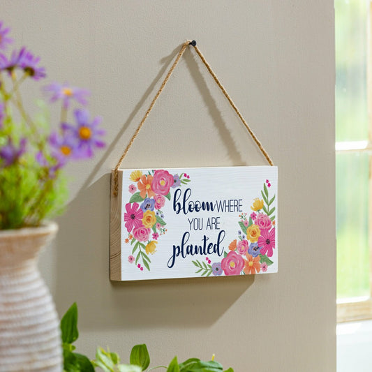 Plow & Hearth Bunny Blooms Garden Decor, Hanging Sign, Bloom Where You are Planted,