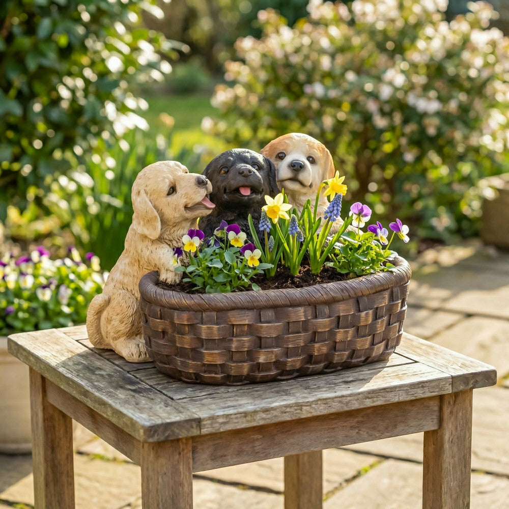 Plow & Hearth Puppies and Basket Resin Planter