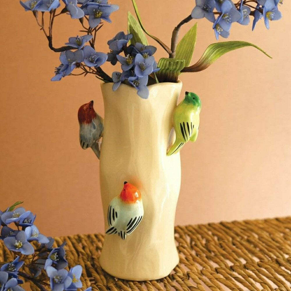 Plow & Hearth Ceramic Log Vase with Colorful Birds