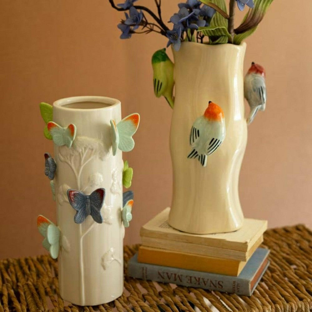 Plow & Hearth Ceramic Log Vase with Colorful Birds