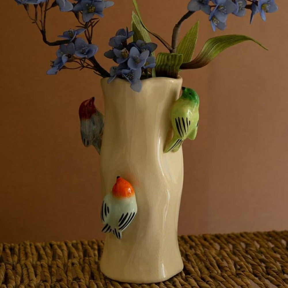 Plow & Hearth Ceramic Log Vase with Colorful Birds