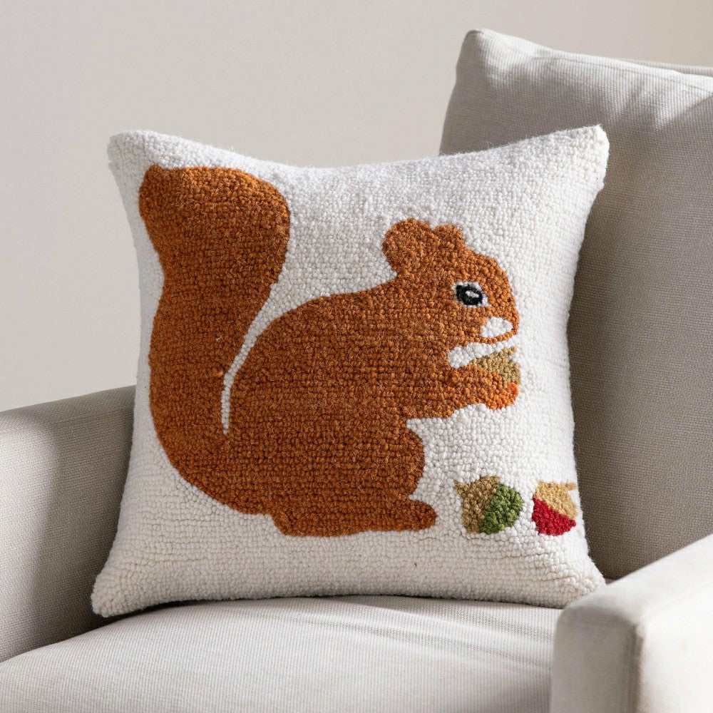 Plow & Hearth Squirrel Hand-Hooked Wool Pillow