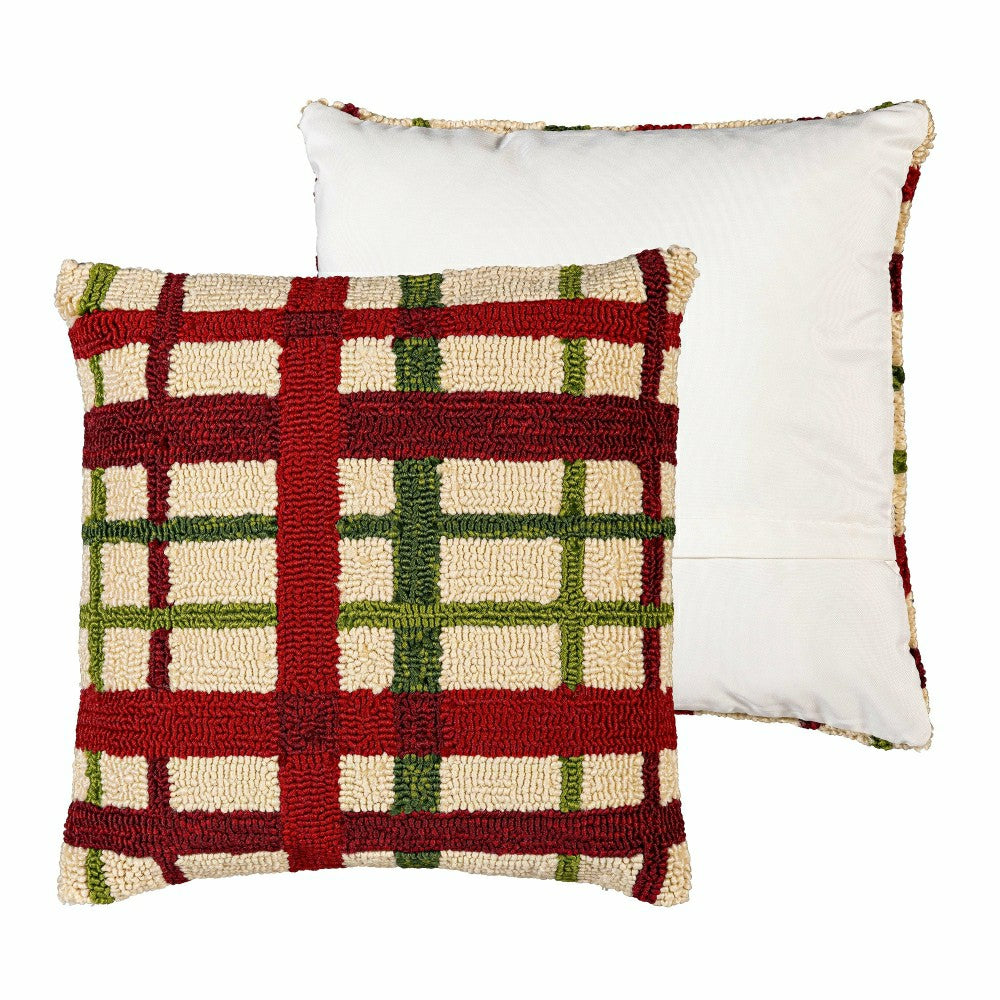 Plow & Hearth Indoor/Outdoor Hooked Pillow Christmas Plaid Polypropylene, 18"x18"