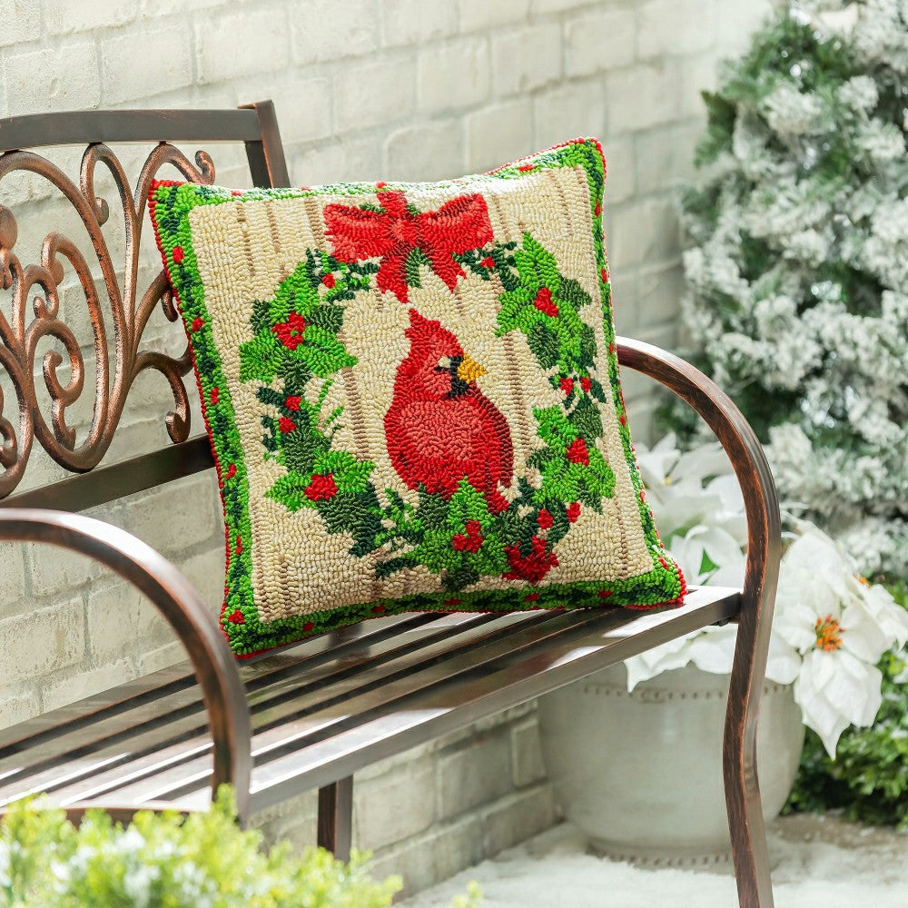 Plow & Hearth Indoor/Outdoor Hooked Pillow Cardinal Joy Polypropylene, 18"x18"
