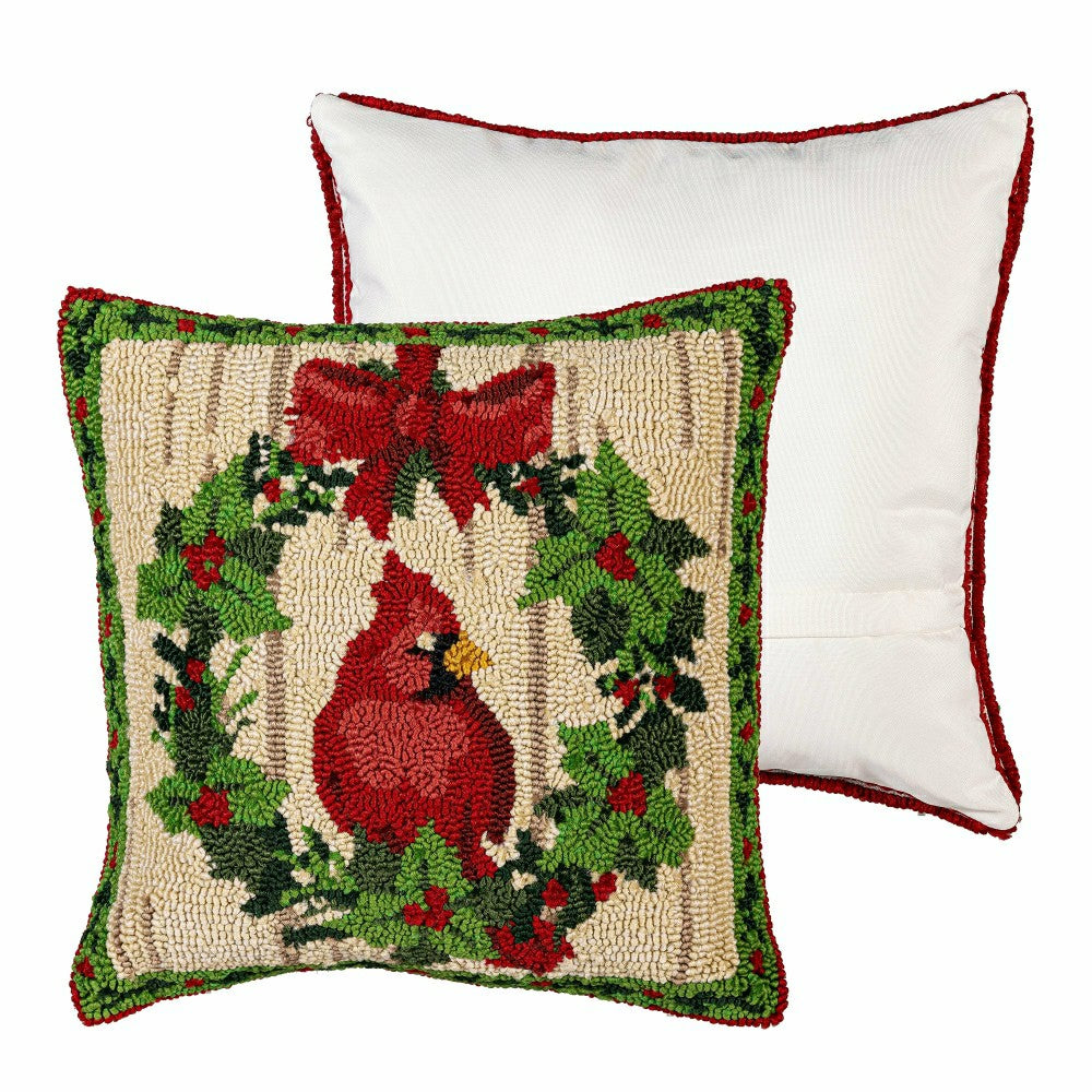 Plow & Hearth Indoor/Outdoor Hooked Pillow Cardinal Joy Polypropylene, 18"x18"