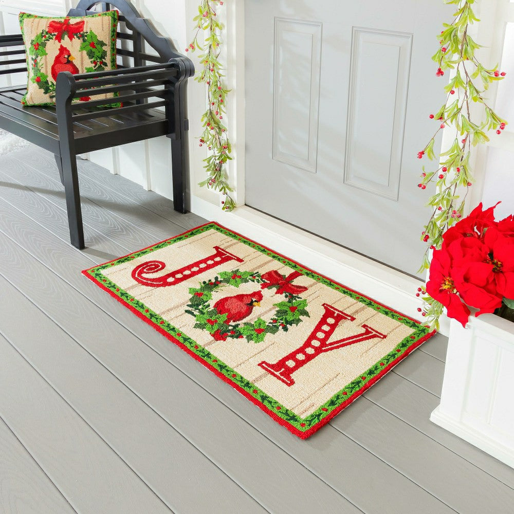 Plow & Hearth Indoor/Outdoor Hooked Pillow Cardinal Joy Polypropylene, 18"x18"