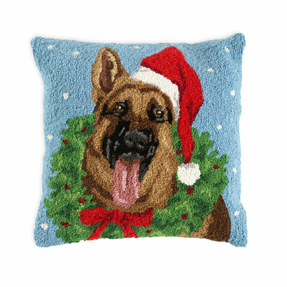 Plow & Hearth Holiday German Shepherd with Wreath Hand-Hooked Wool Throw Pillow