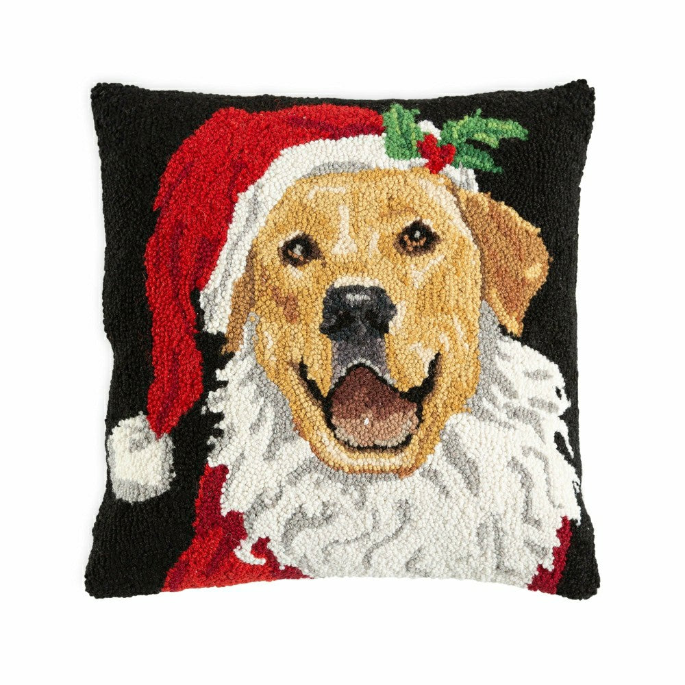 Plow & Hearth Holiday Golden Retriever Santa Hand-Hooked Wool Throw Pillow
