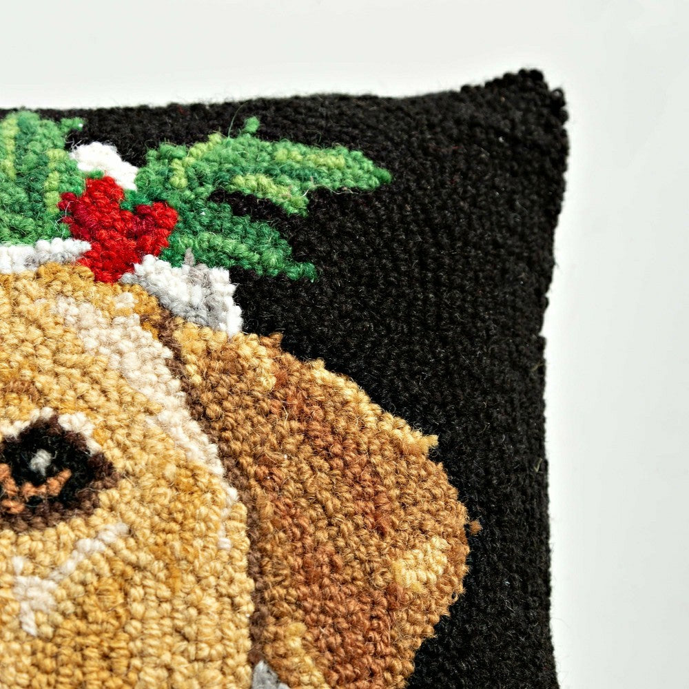 Plow & Hearth Holiday Golden Retriever Santa Hand-Hooked Wool Throw Pillow
