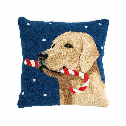 Plow & Hearth Holiday Yellow Lab with Candy Cane Hand-Hooked Wool Throw Pillow