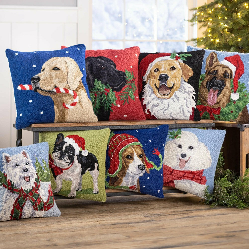 Plow & Hearth Holiday Yellow Lab with Candy Cane Hand-Hooked Wool Throw Pillow