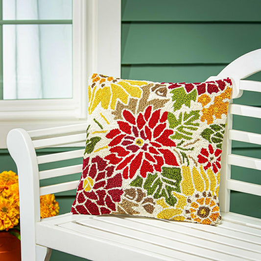 Plow & Hearth Indoor/Outdoor Fall Florals Hooked Polypropylene Throw Pillow 18"x18"