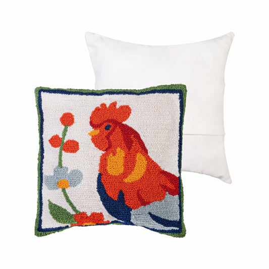 Plow & Hearth Floral Rooster Indoor/Outdoor Hooked Pillow 18"x18"