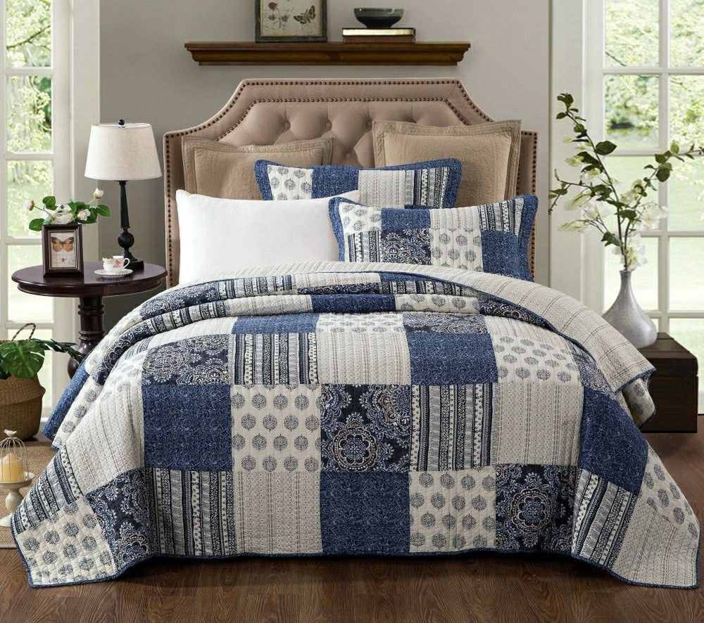 Plow & Hearth Bohemian Denim Blue Elegance Patchwork Cotton Bedspread Set