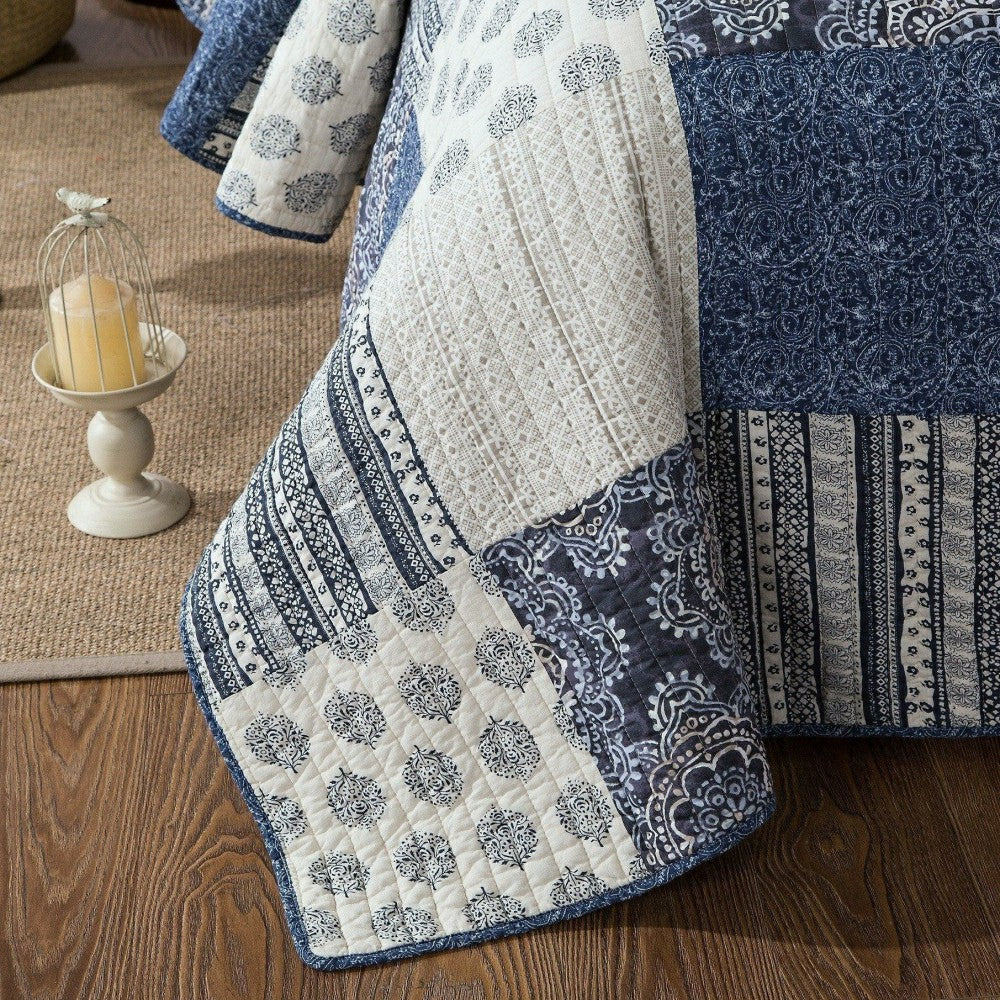 Plow & Hearth Bohemian Denim Blue Elegance Patchwork Cotton Bedspread Set