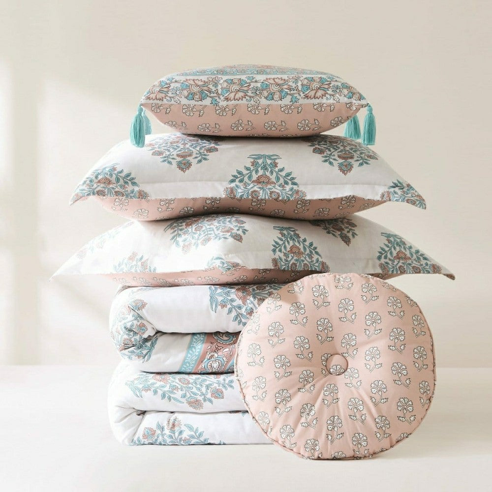 Plow & Hearth Sofia Flower Block Bouquet Comforter 5Pc Set