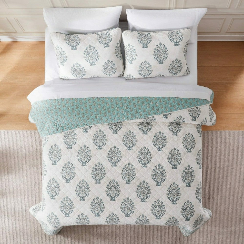 Plow & Hearth Sofia Flower Block Bouquet Reversible Cotton Quilt 3Pc Set