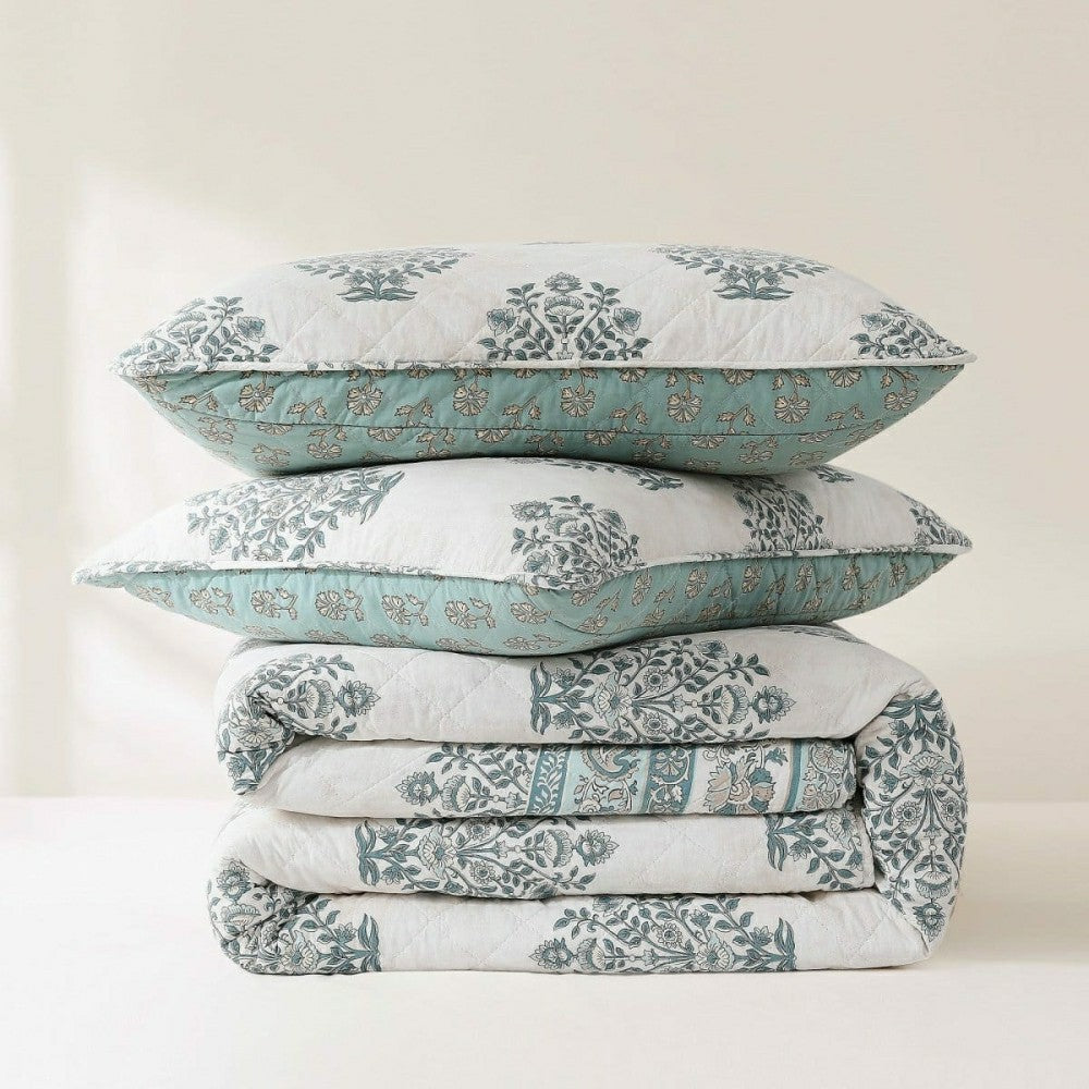 Plow & Hearth Sofia Flower Block Bouquet Reversible Cotton Quilt 3Pc Set
