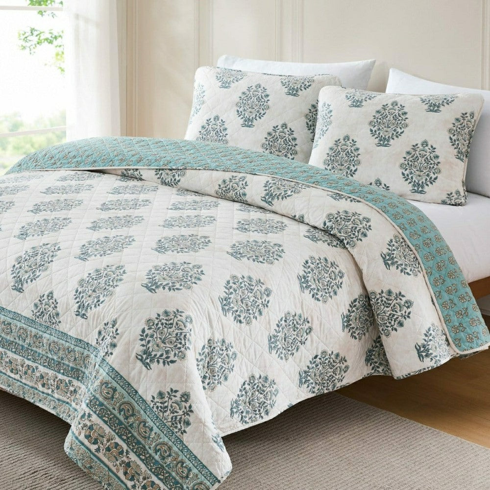 Plow & Hearth Sofia Flower Block Bouquet Reversible Cotton Quilt 3Pc Set