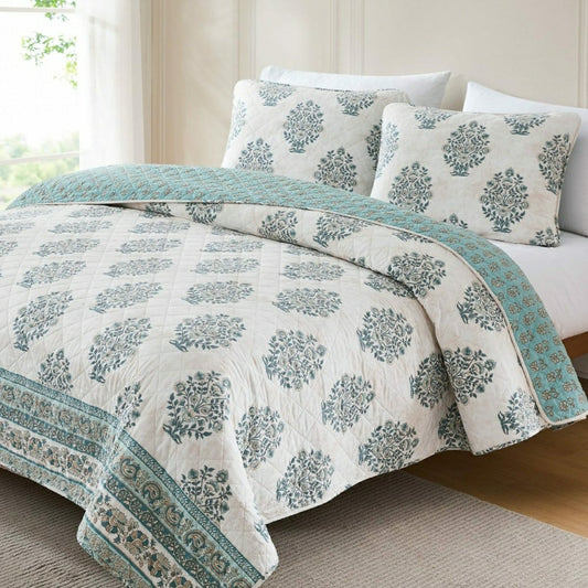 Plow & Hearth Sofia Flower Block Bouquet Reversible Cotton Quilt 3Pc Set