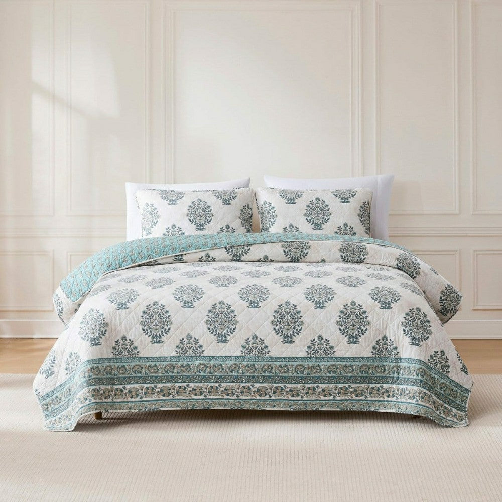 Plow & Hearth Sofia Flower Block Bouquet Reversible Cotton Quilt 3Pc Set