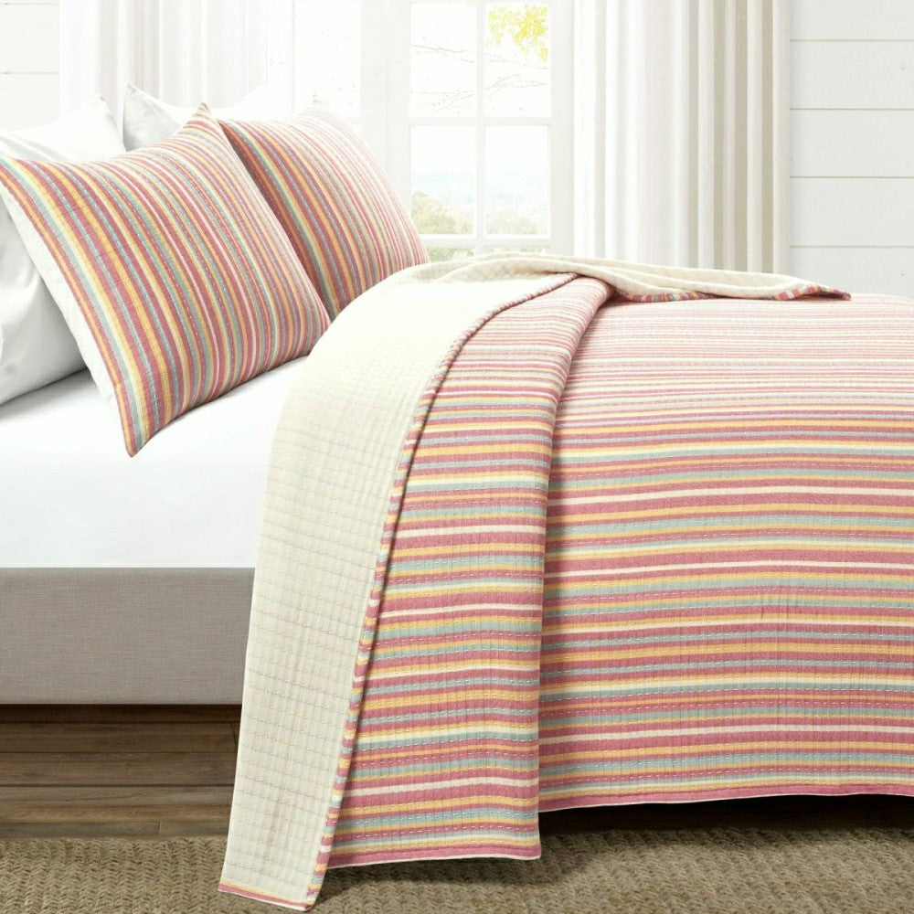 Plow & Hearth Tracy Stripe Pick Stitch Kantha Yarn Dyed Cotton Woven Quilt/Coverlet