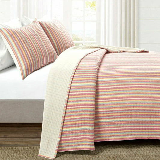 Plow & Hearth Tracy Stripe Pick Stitch Kantha Yarn Dyed Cotton Woven Quilt/Coverlet