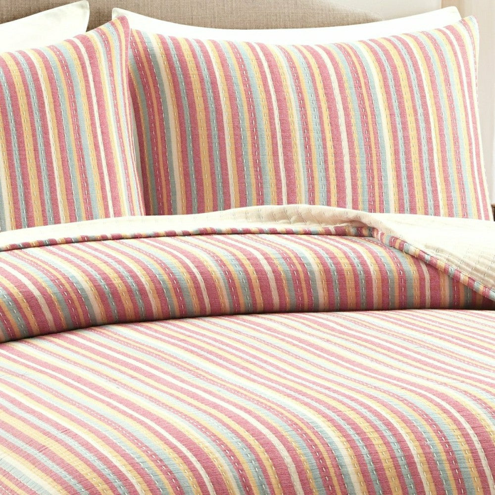 Plow & Hearth Tracy Stripe Pick Stitch Kantha Yarn Dyed Cotton Woven Quilt/Coverlet