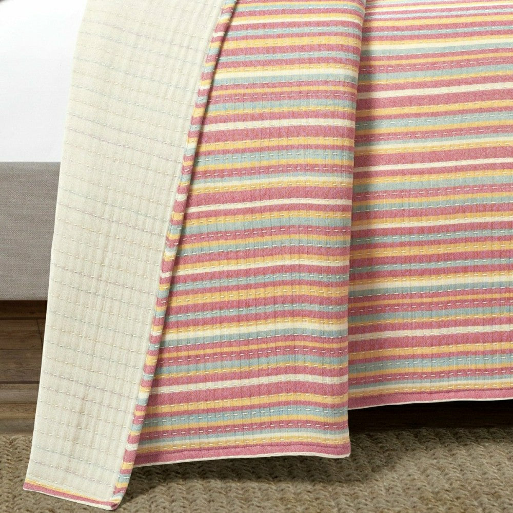 Plow & Hearth Tracy Stripe Pick Stitch Kantha Yarn Dyed Cotton Woven Quilt/Coverlet