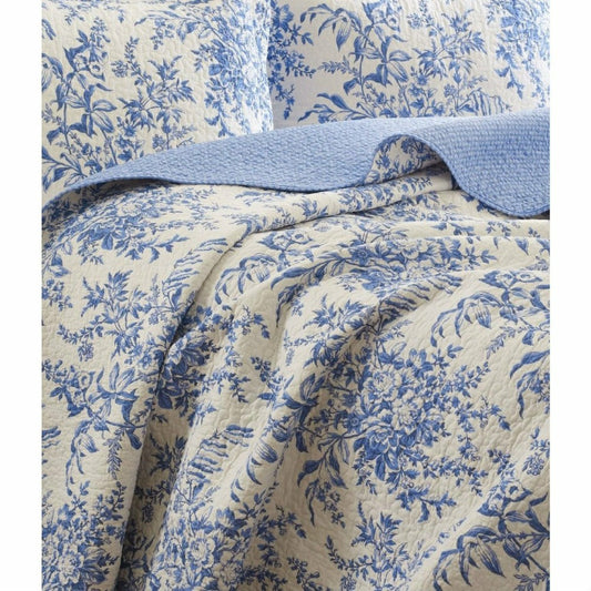 Plow & Hearth King size 100-Percent Cotton Quilt Bedspread Set with Blue White Flora