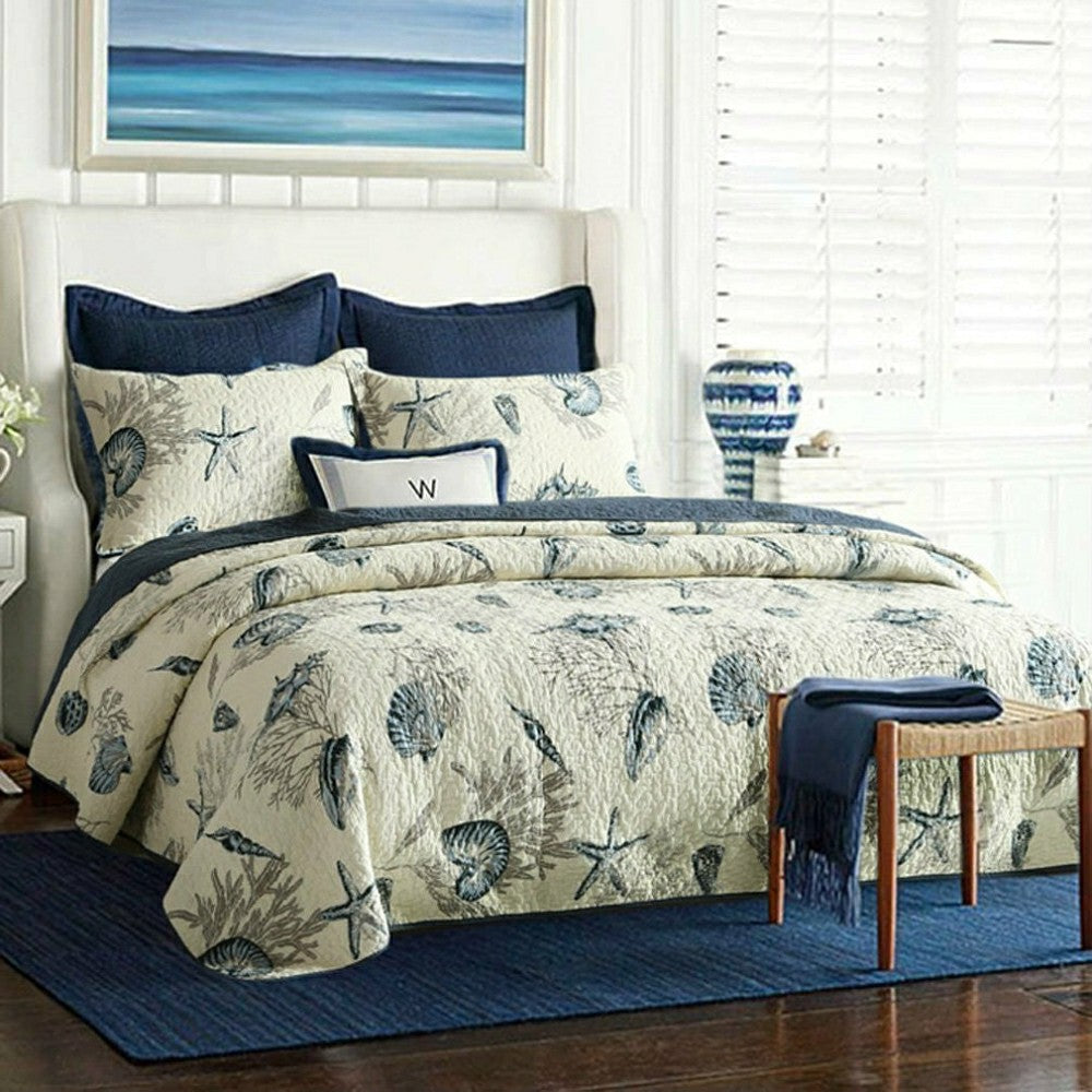Plow & Hearth Queen size 100-Percent Cotton 3-Piece Bedspread Quilt Set Ocean Beach