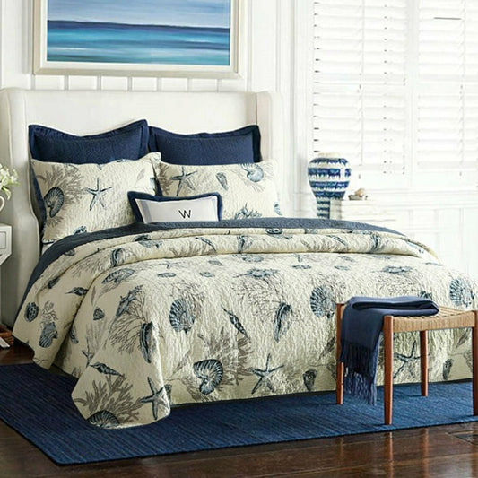 Plow & Hearth Queen size 100-Percent Cotton 3-Piece Bedspread Quilt Set Ocean Beach
