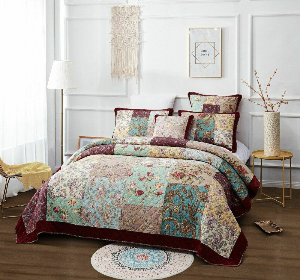 Plow & Hearth Bohemian Burgundy Paisley Patchwork Cotton Bedspread Set