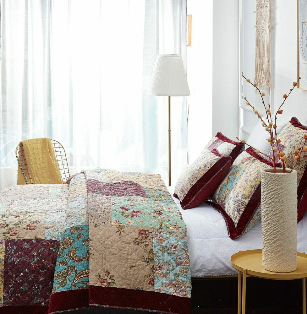 Plow & Hearth Bohemian Burgundy Paisley Patchwork Cotton Bedspread Set