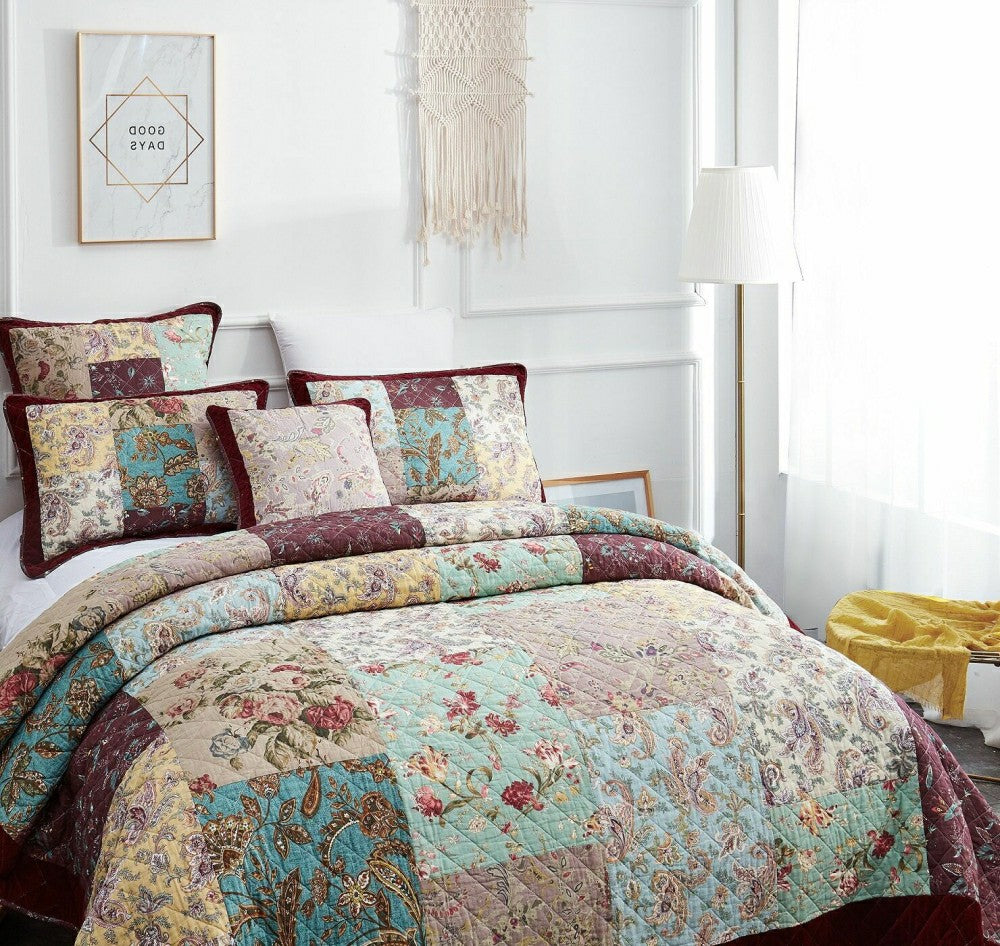 Plow & Hearth Bohemian Burgundy Paisley Patchwork Cotton Bedspread Set