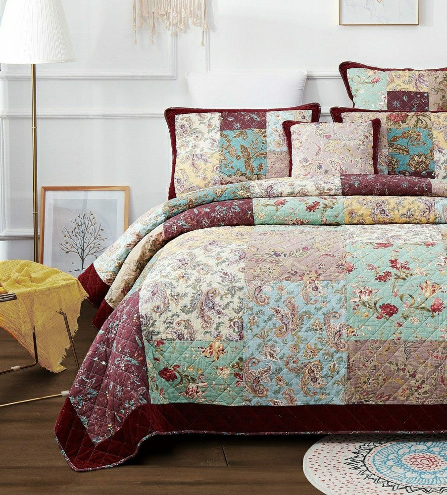 Plow & Hearth Bohemian Burgundy Paisley Patchwork Cotton Bedspread Set